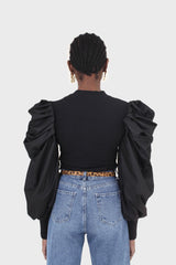 Black knit contrast puff sleeve top