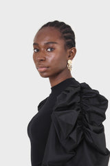 Black knit contrast puff sleeve top