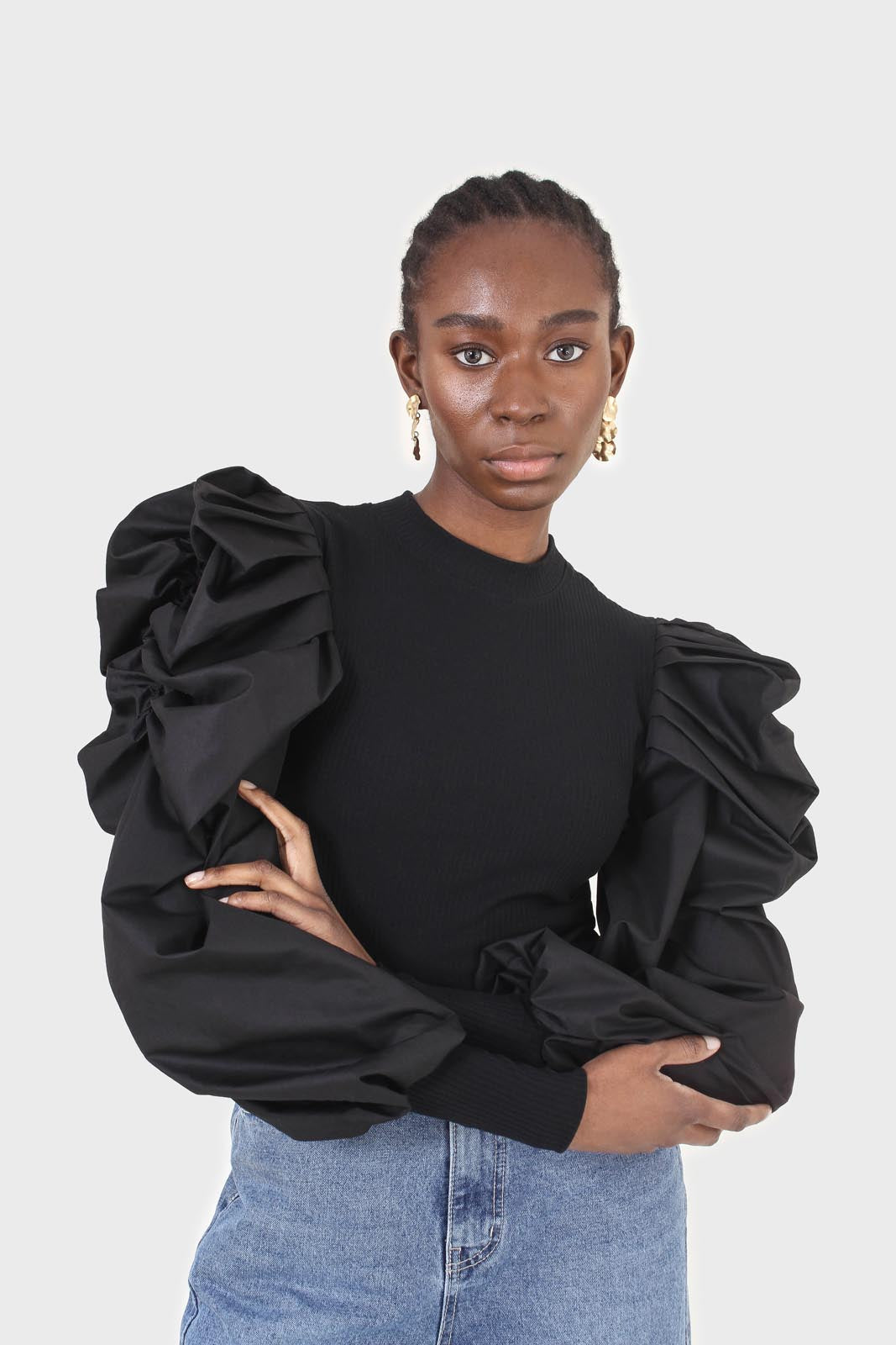 Black knit contrast puff sleeve top