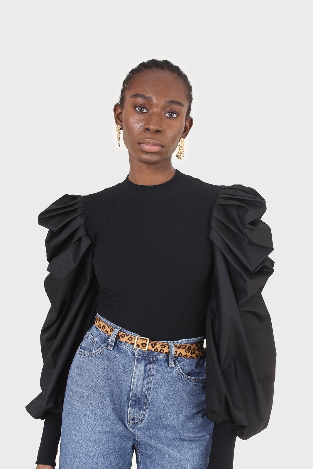 Black knit contrast puff sleeve top