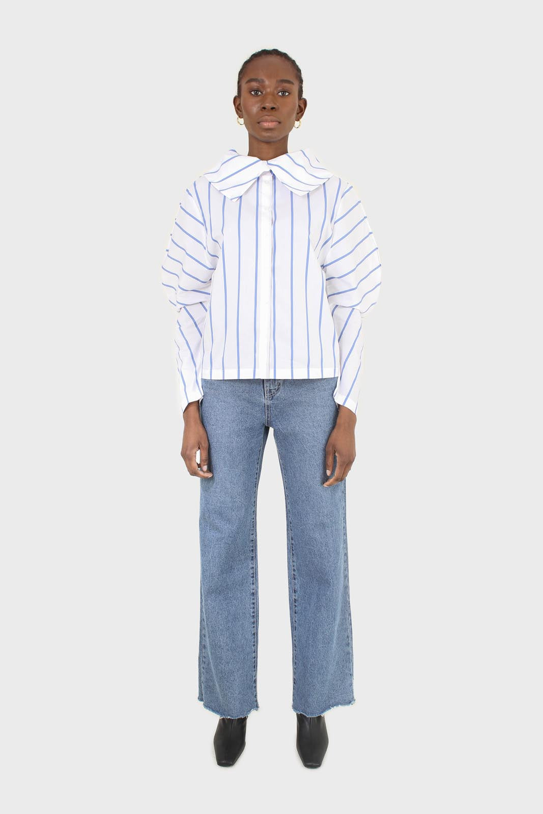 White and blue striped large sleeve blouse