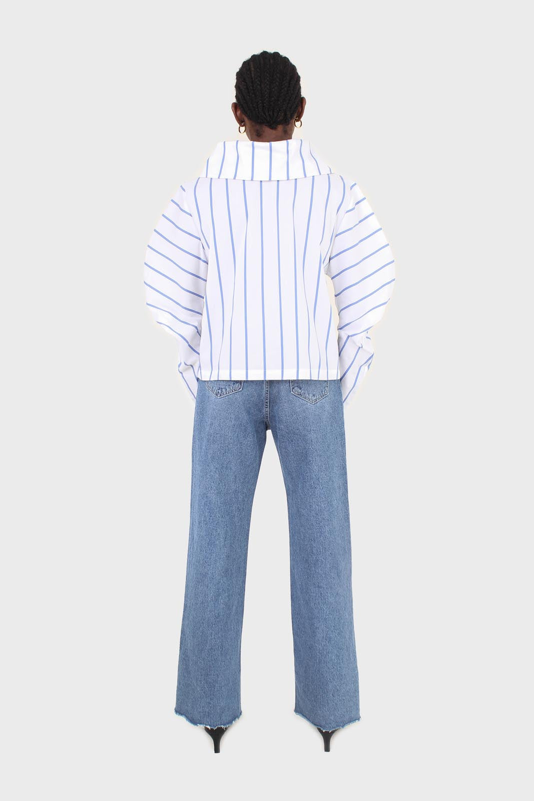 White and blue striped large sleeve blouse