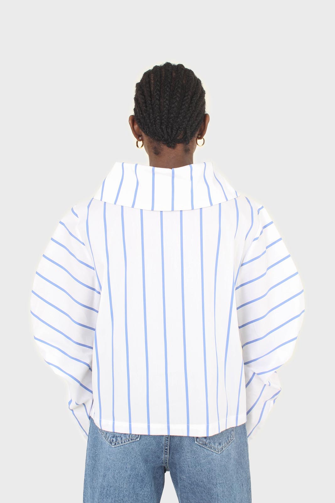 White and blue striped large sleeve blouse