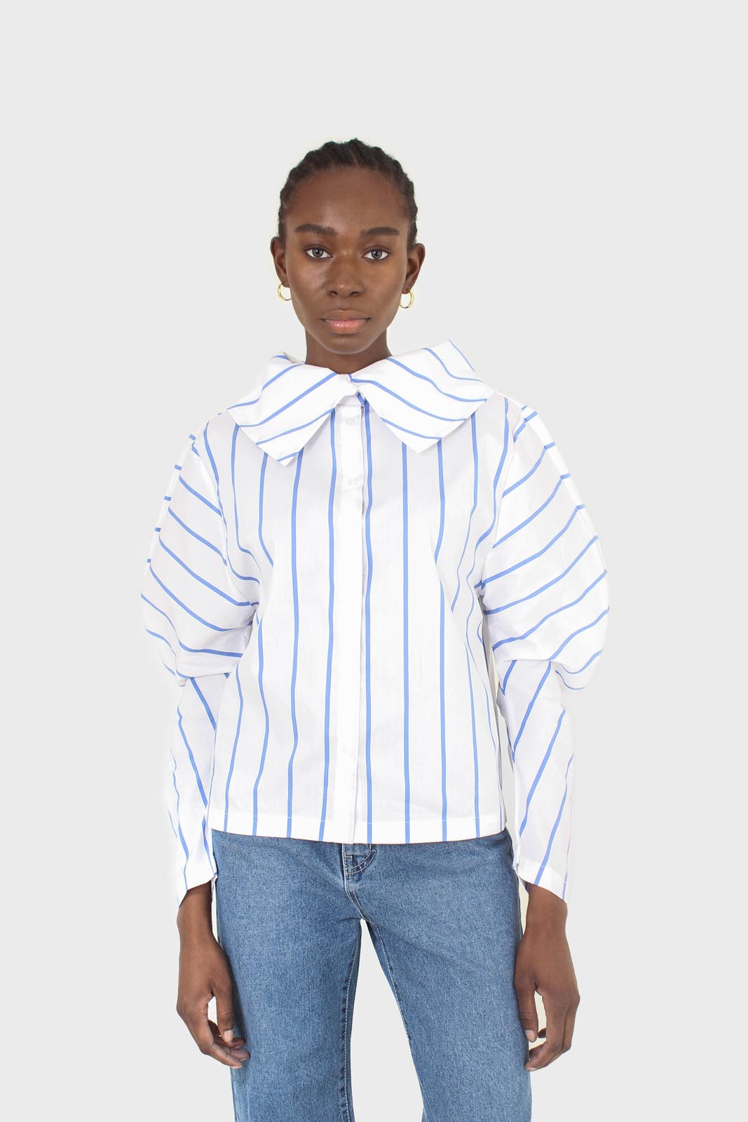 White and blue striped large sleeve blouse