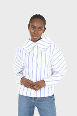 White and blue striped large sleeve blouse