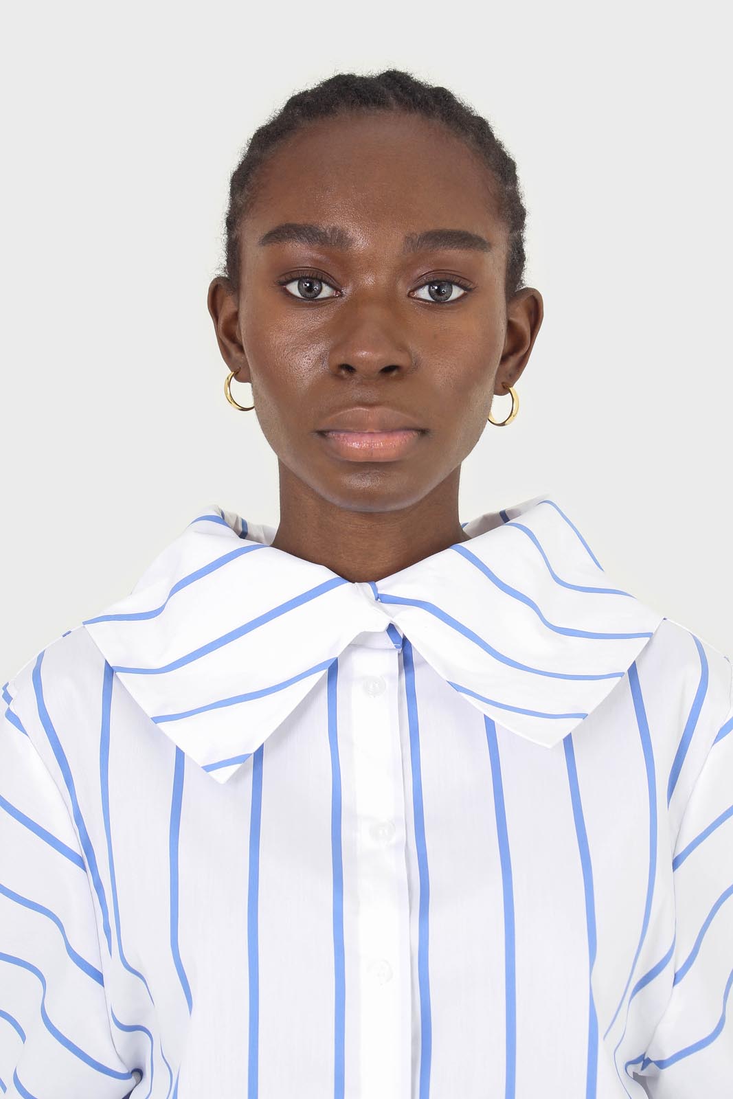 White and blue striped large sleeve blouse