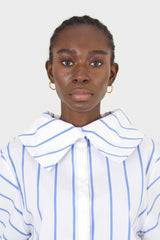 White and blue striped large sleeve blouse