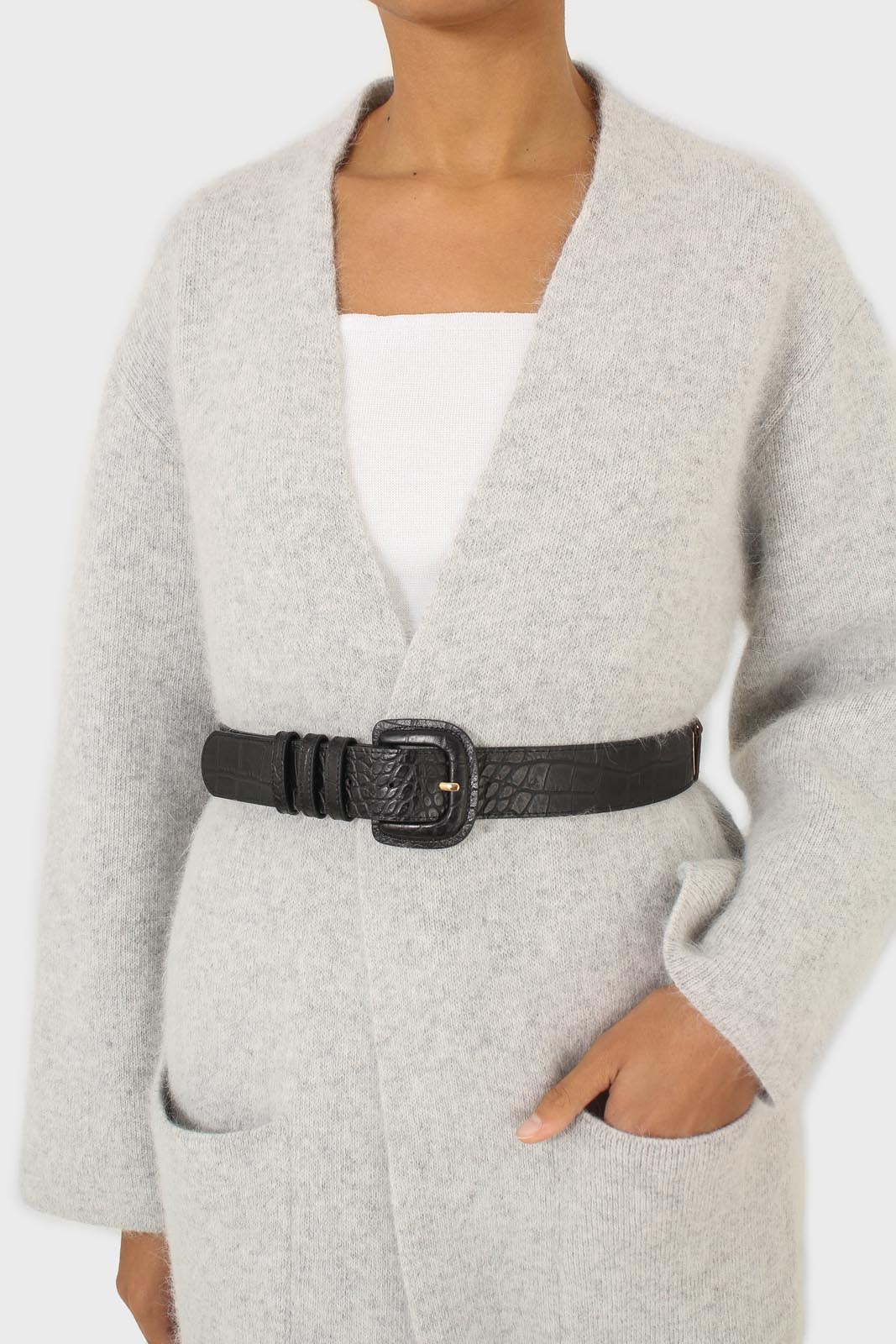 Black croc-effect genuine leather belt