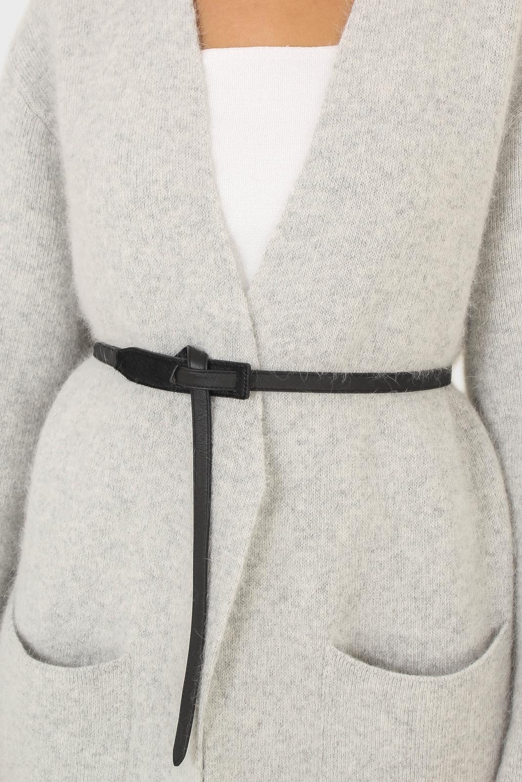 Black genuine leather thin knot waist belt