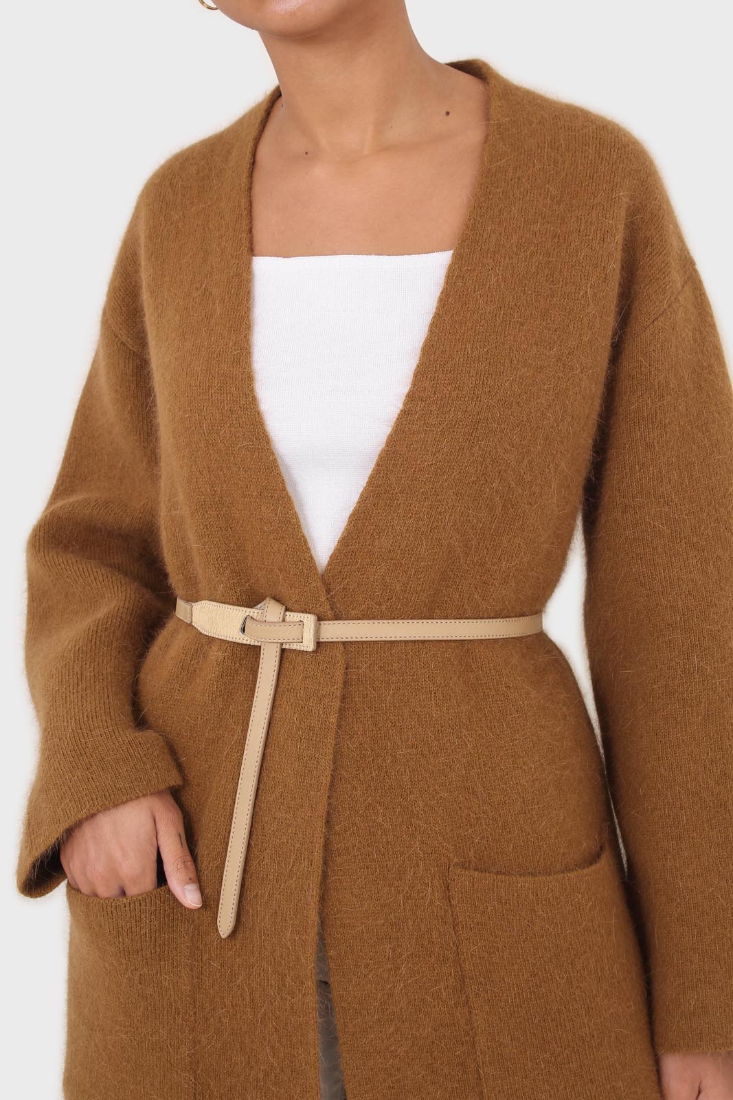 Beige genuine leather thin knot waist belt
