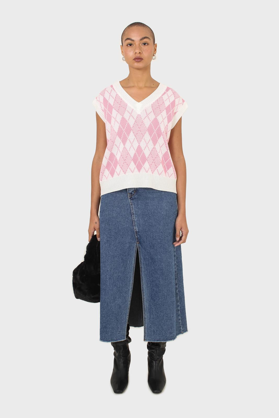 Ivory and pink argyle knit vest