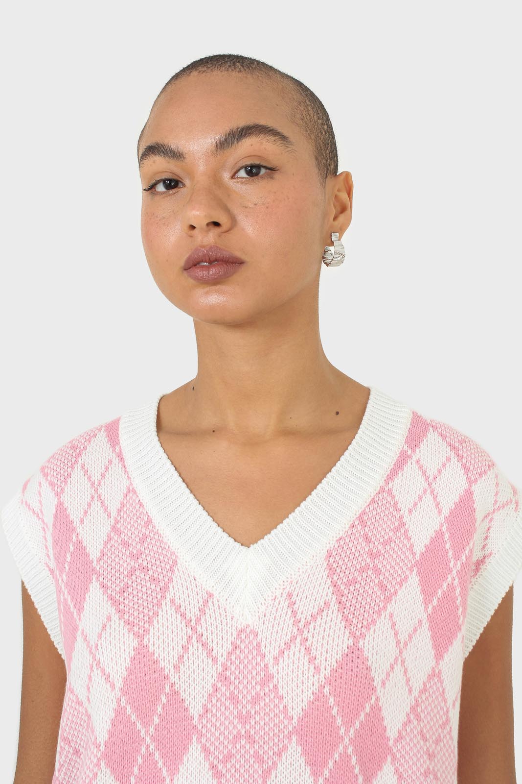 Ivory and pink argyle knit vest