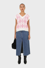 Ivory and pink argyle knit vest