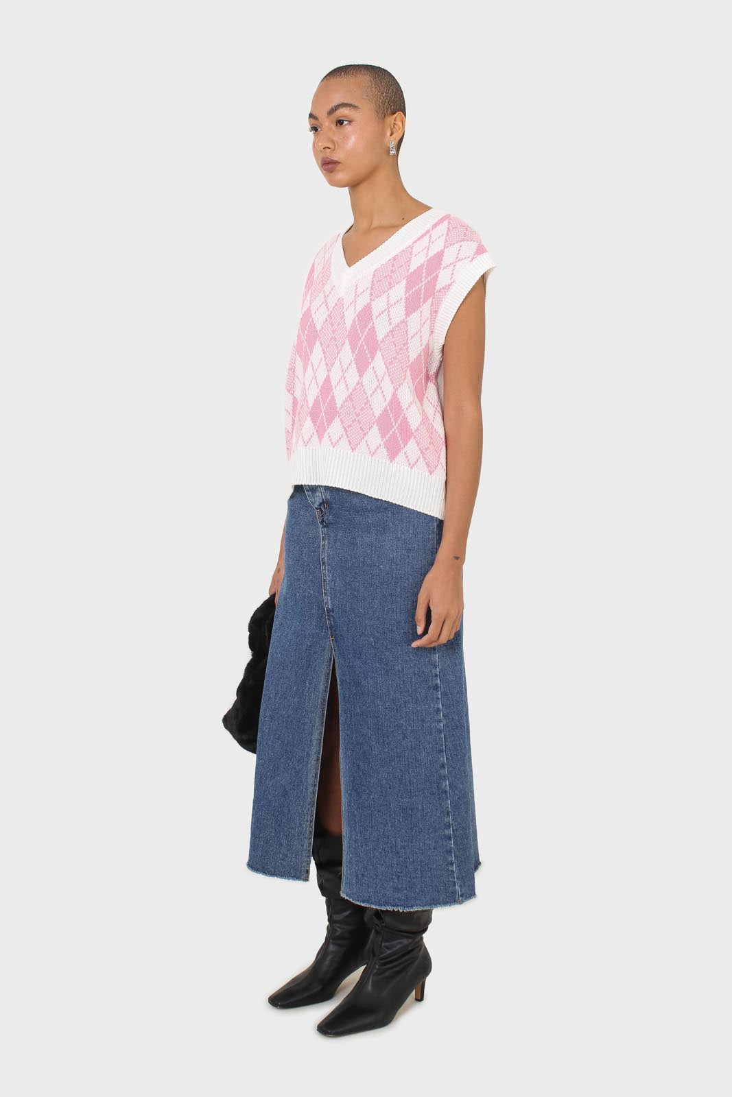Ivory and pink argyle knit vest