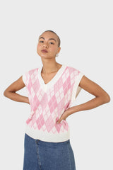 Ivory and pink argyle knit vest