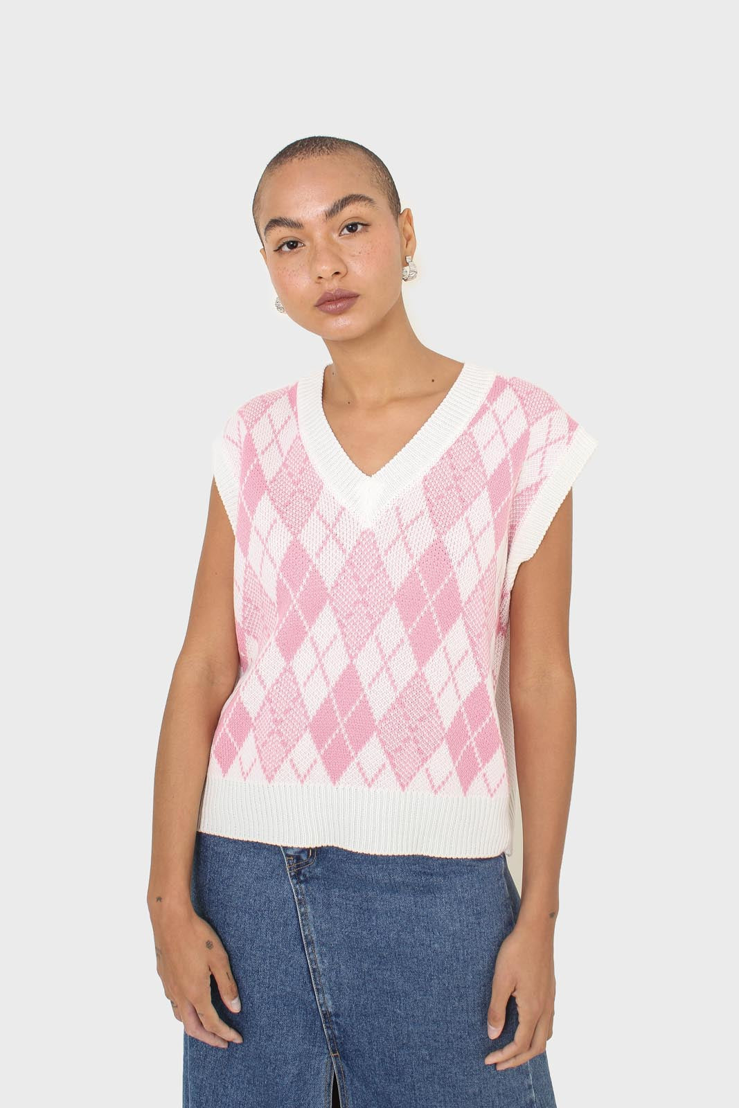 Ivory and pink argyle knit vest
