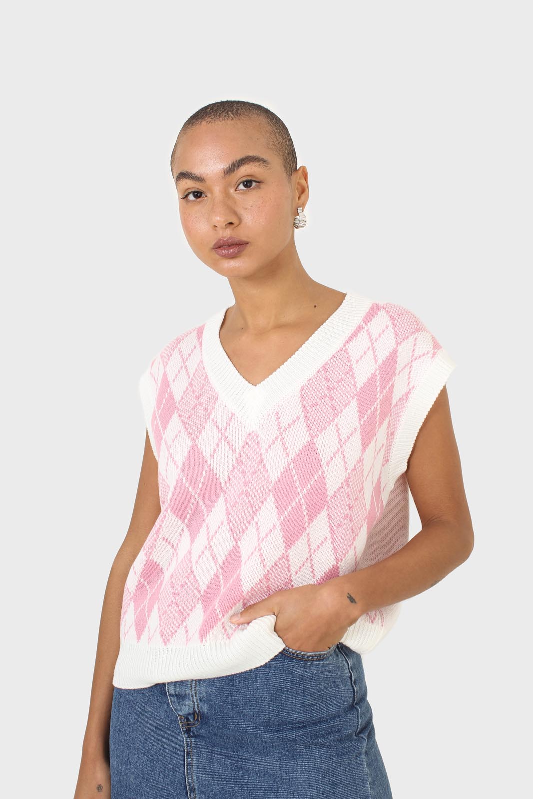 Ivory and pink argyle knit vest