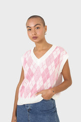 Ivory and pink argyle knit vest