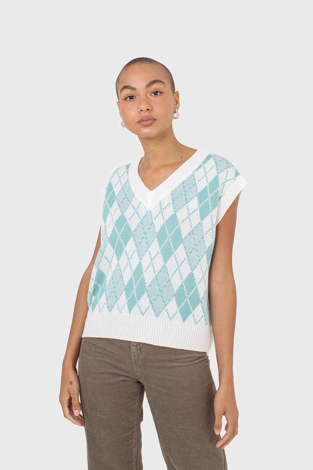 Ivory and blue argyle knit vest