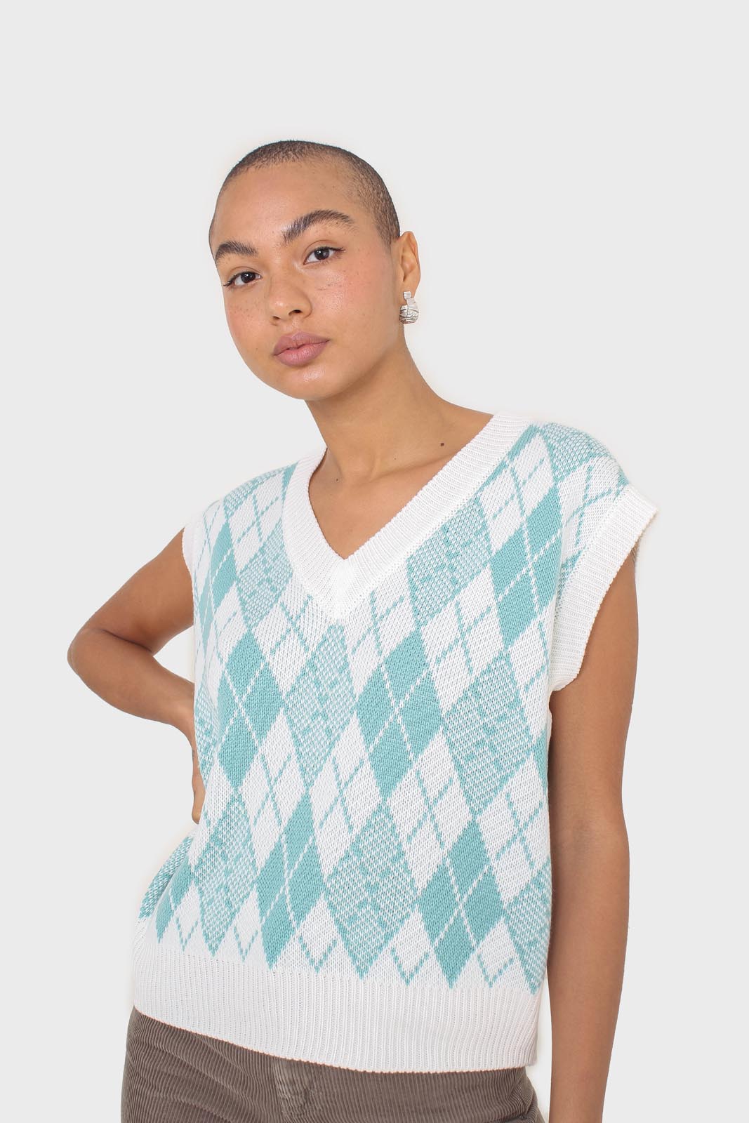 Ivory and blue argyle knit vest
