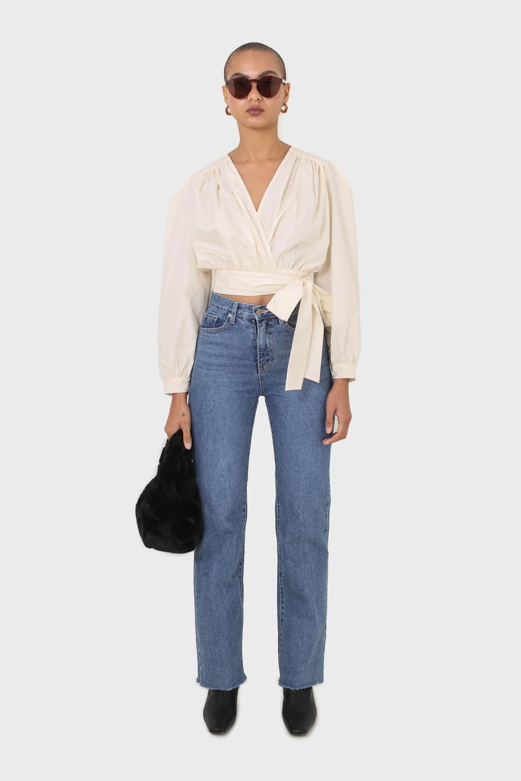 Ivory tie waist cropped blouse