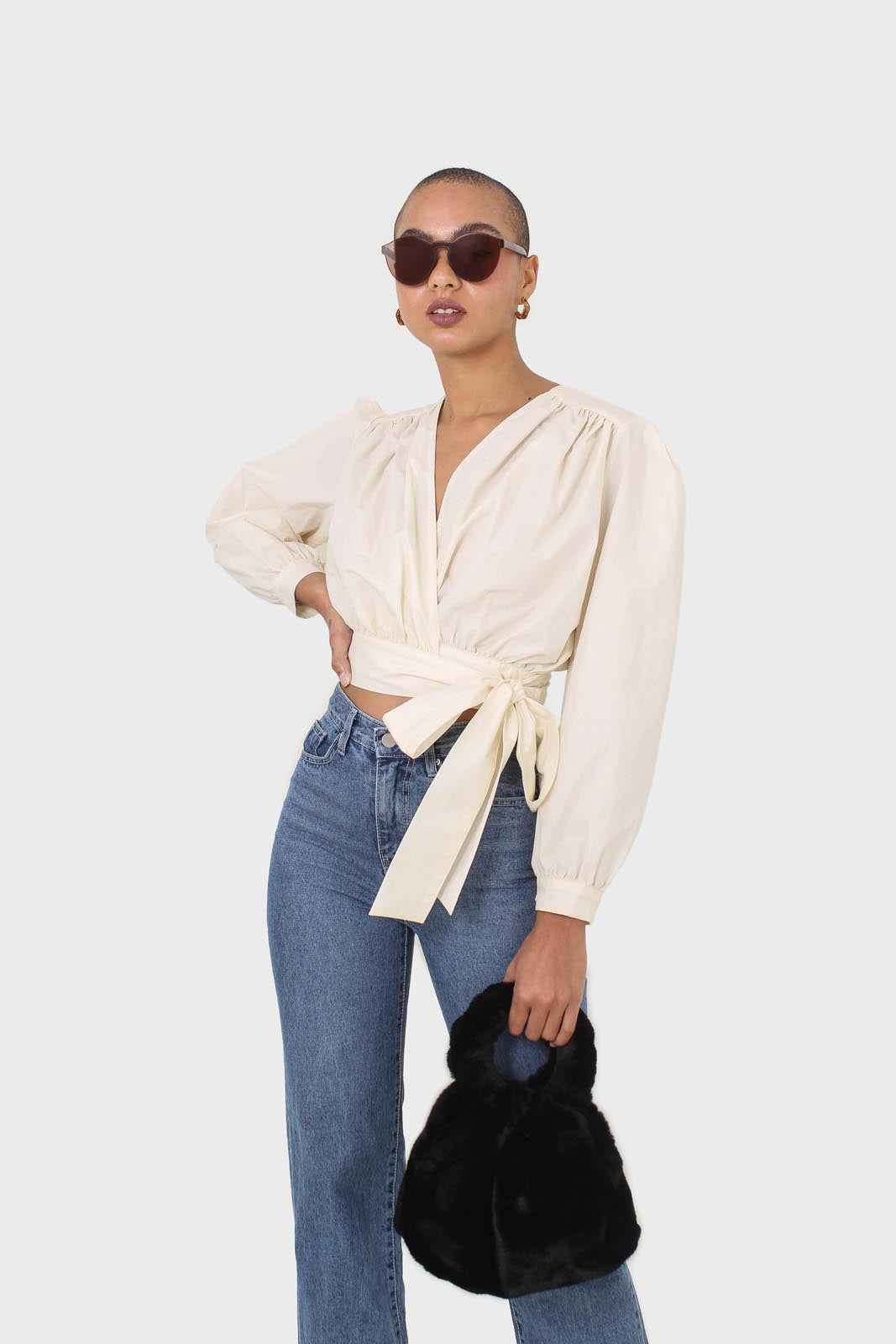 Ivory tie waist cropped blouse