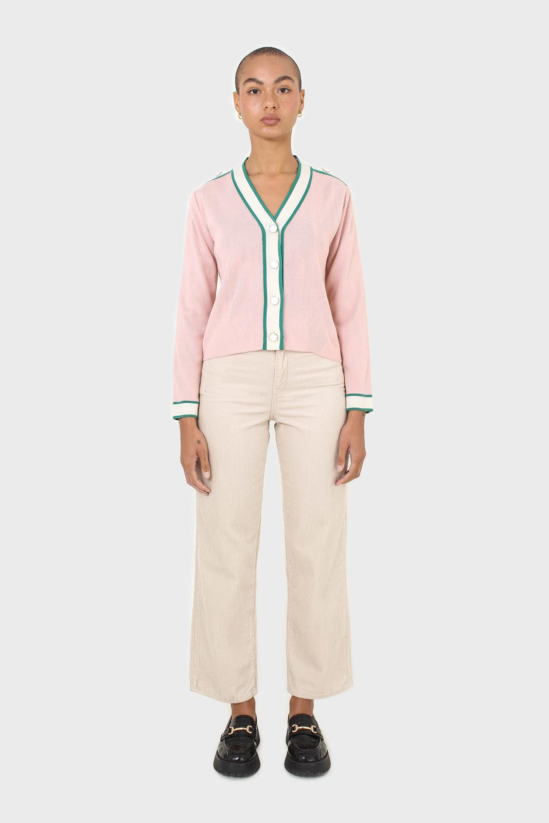 Pink and white contrast trim button shoulder cardigan
