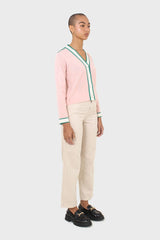 Pink and white contrast trim button shoulder cardigan