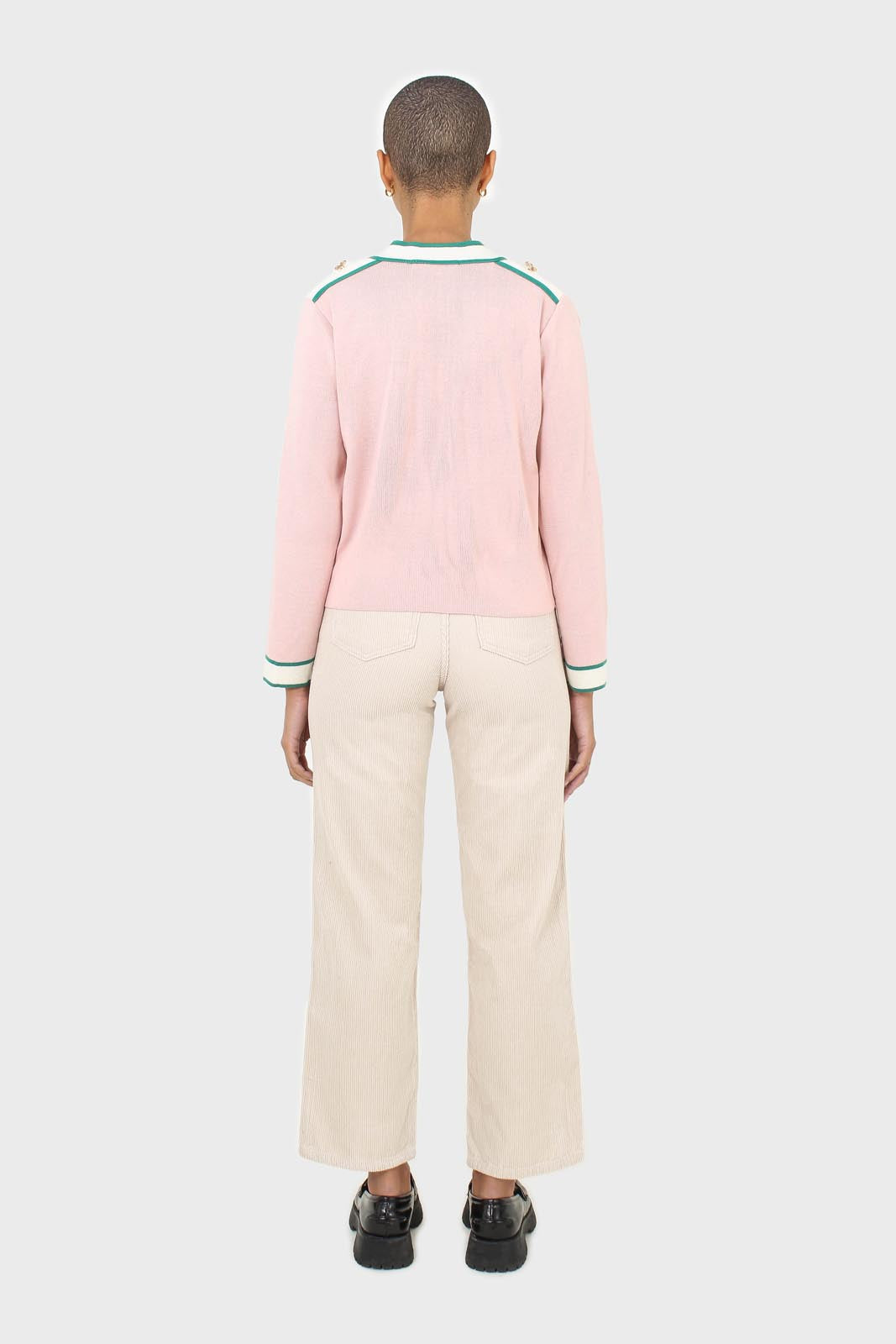 Pink and white contrast trim button shoulder cardigan