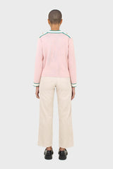Pink and white contrast trim button shoulder cardigan