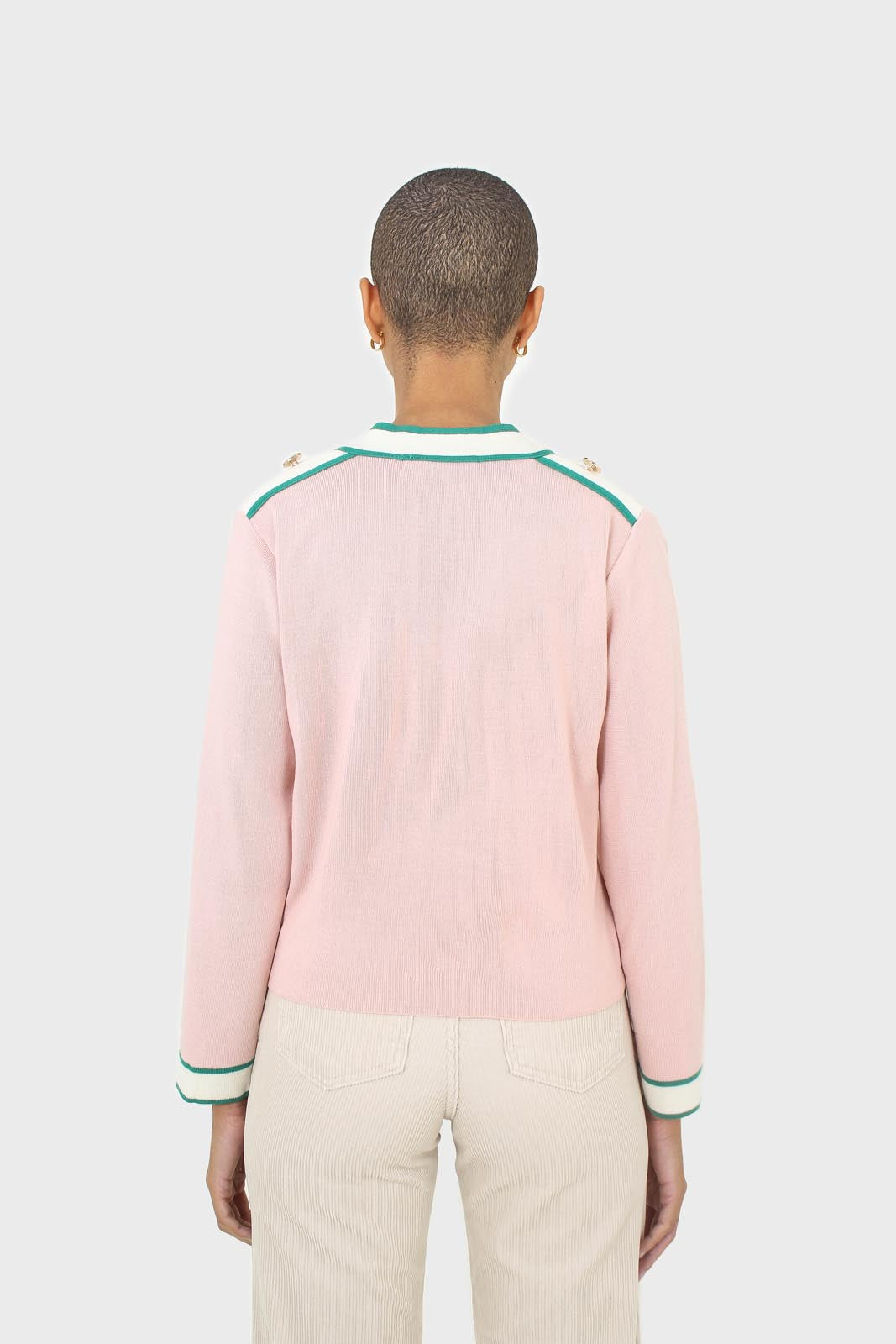 Pink and white contrast trim button shoulder cardigan