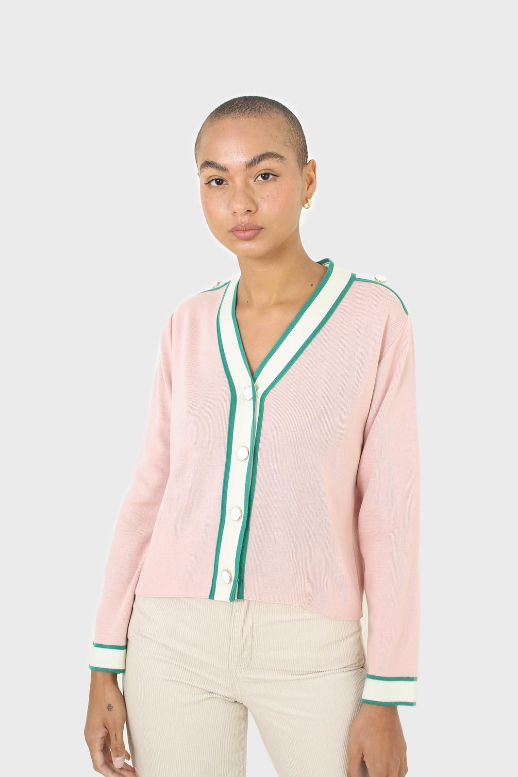 Pink and white contrast trim button shoulder cardigan