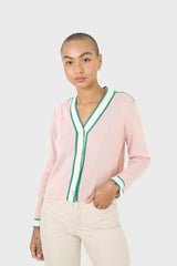 Pink and white contrast trim button shoulder cardigan