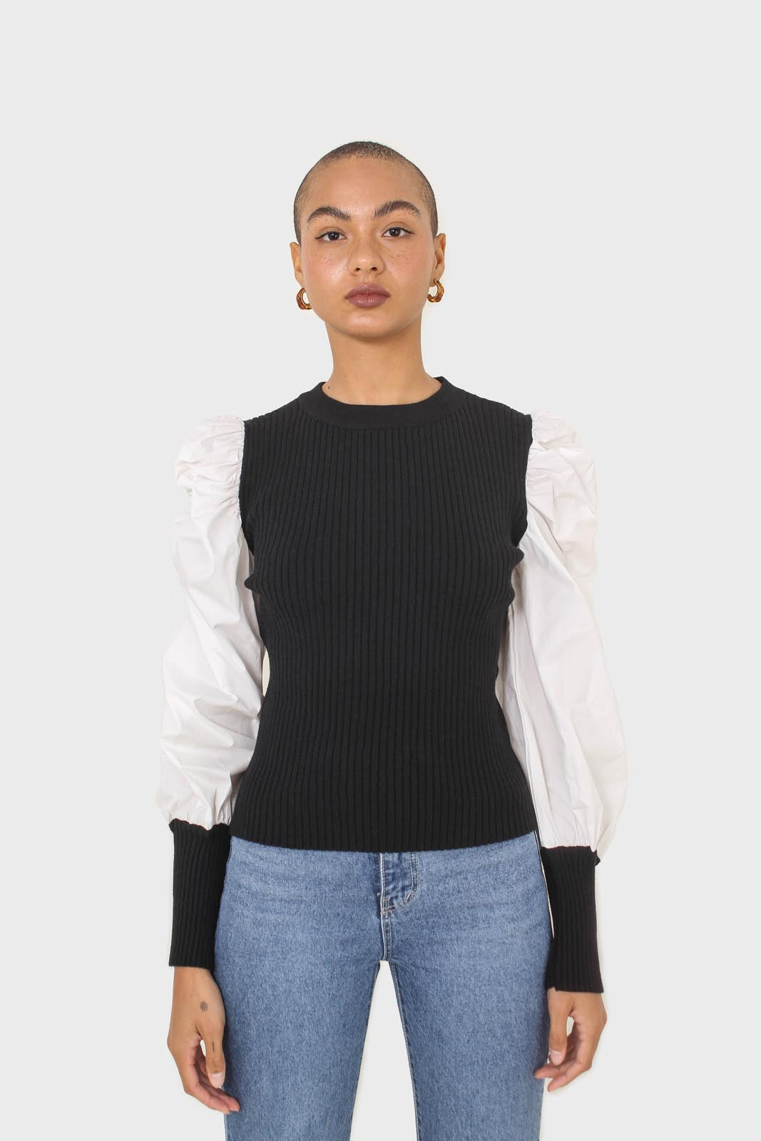 Black knit and white contrast puff sleeved top