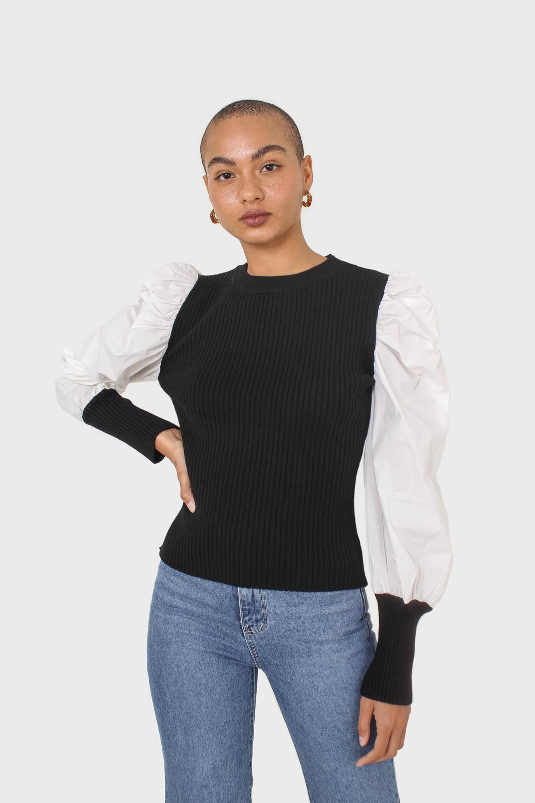 Black knit and white contrast puff sleeved top