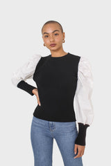 Black knit and white contrast puff sleeved top
