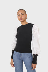 Black knit and white contrast puff sleeved top