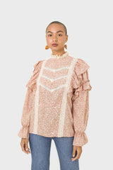 Orange and white floral print lace trim top