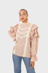 Orange and white floral print lace trim top
