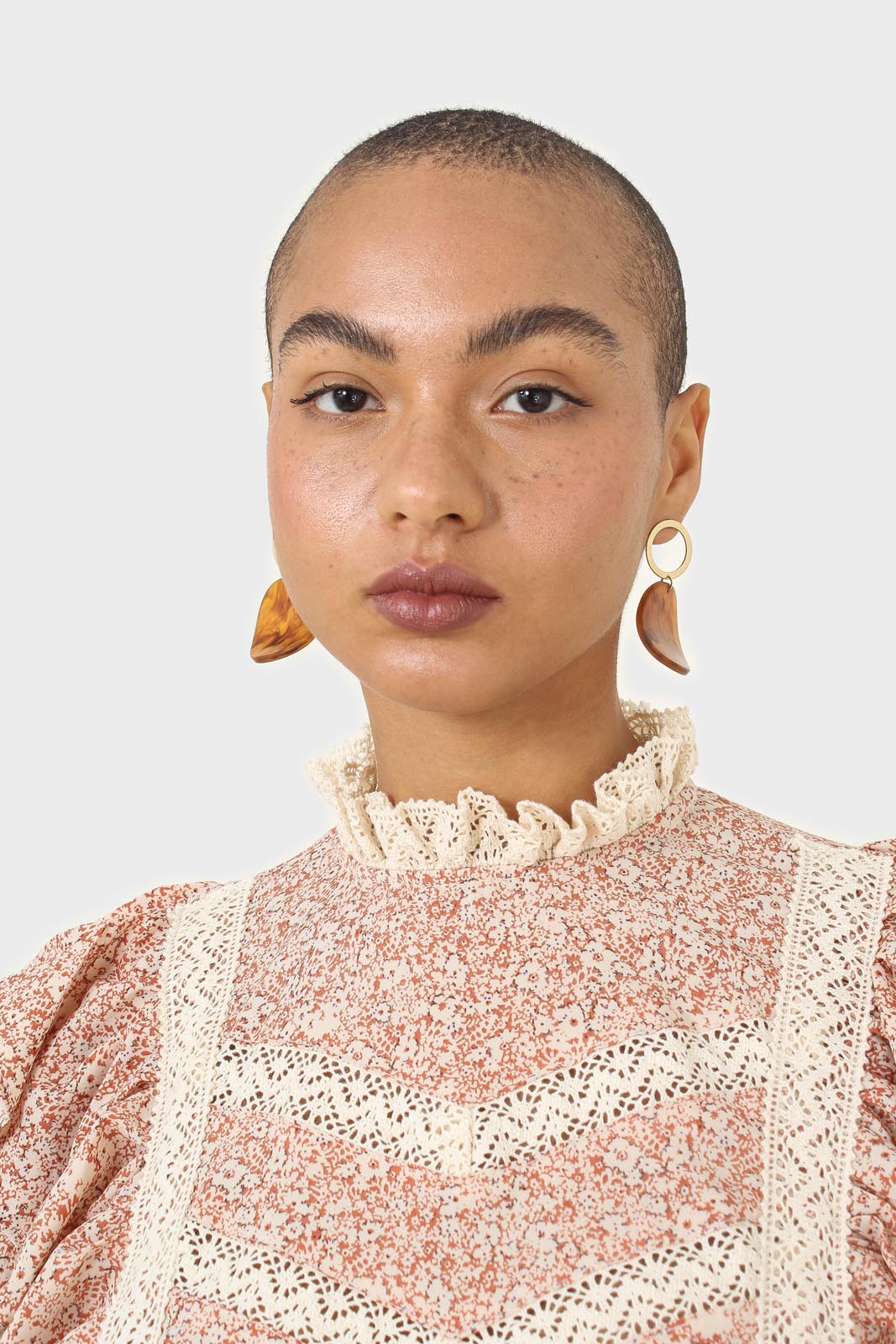 Orange and white floral print lace trim top