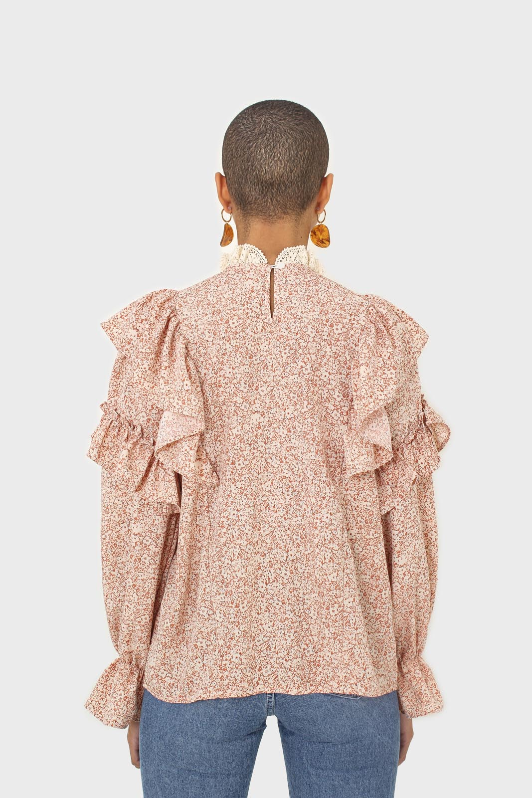 Orange and white floral print lace trim top