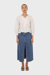 Ivory and blue floral print cotton blouse