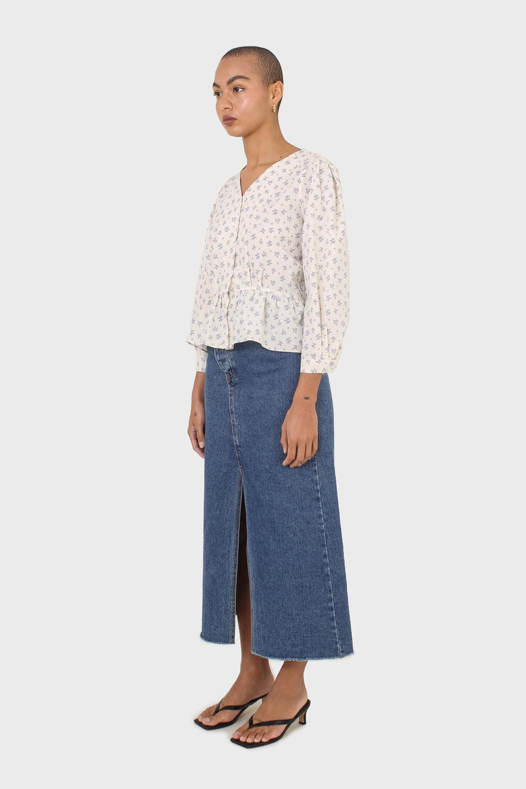 Ivory and blue floral print cotton blouse