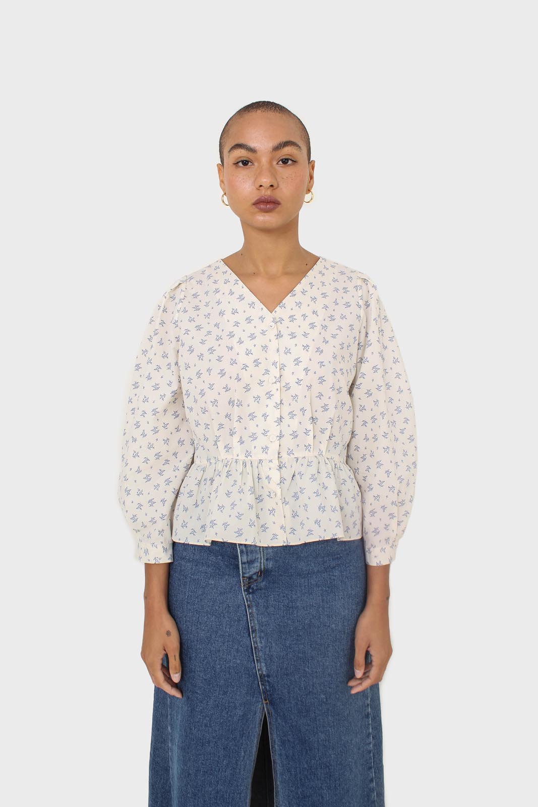 Ivory and blue floral print cotton blouse