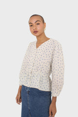 Ivory and blue floral print cotton blouse