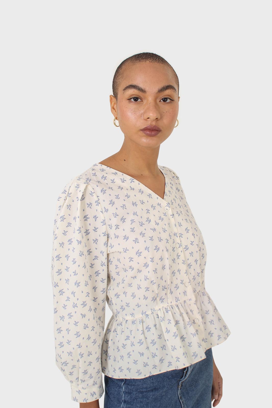 Ivory and blue floral print cotton blouse