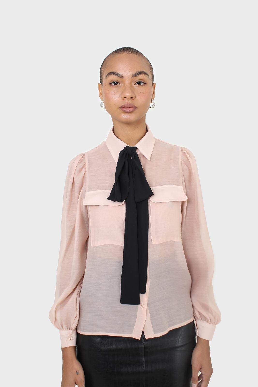 Pink and black pussy bow semi sheer blouse