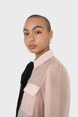 Pink and black pussy bow semi sheer blouse