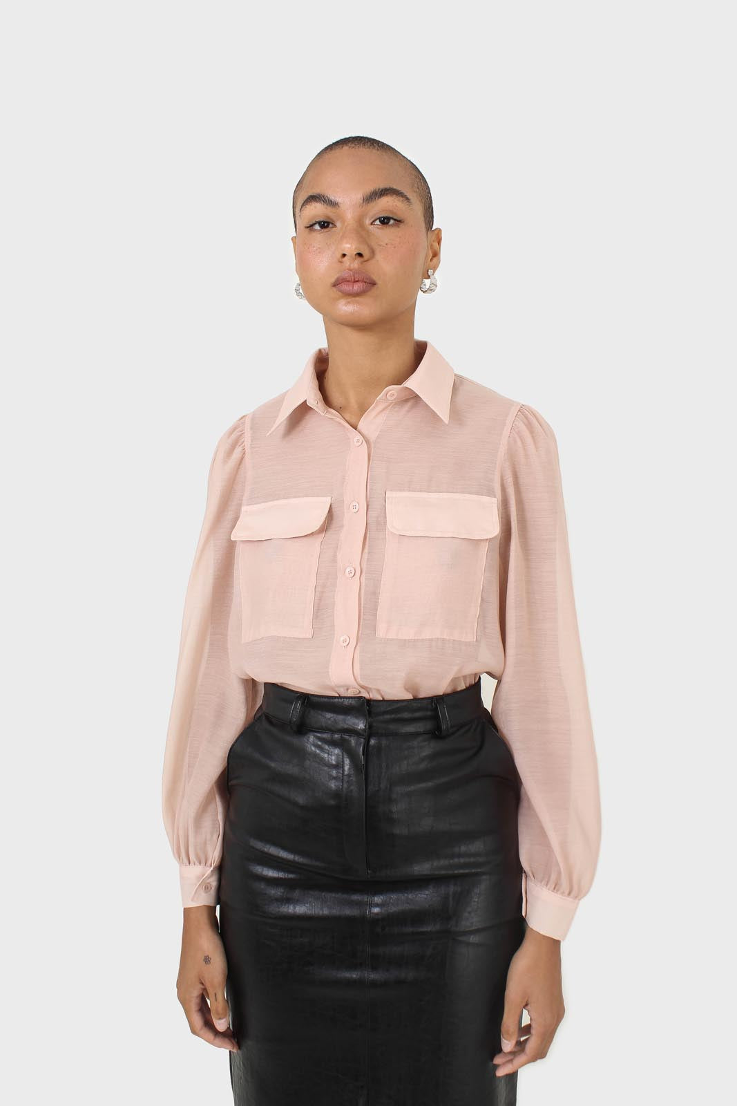 Pink and black pussy bow semi sheer blouse