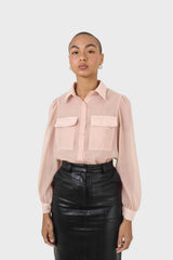 Pink and black pussy bow semi sheer blouse